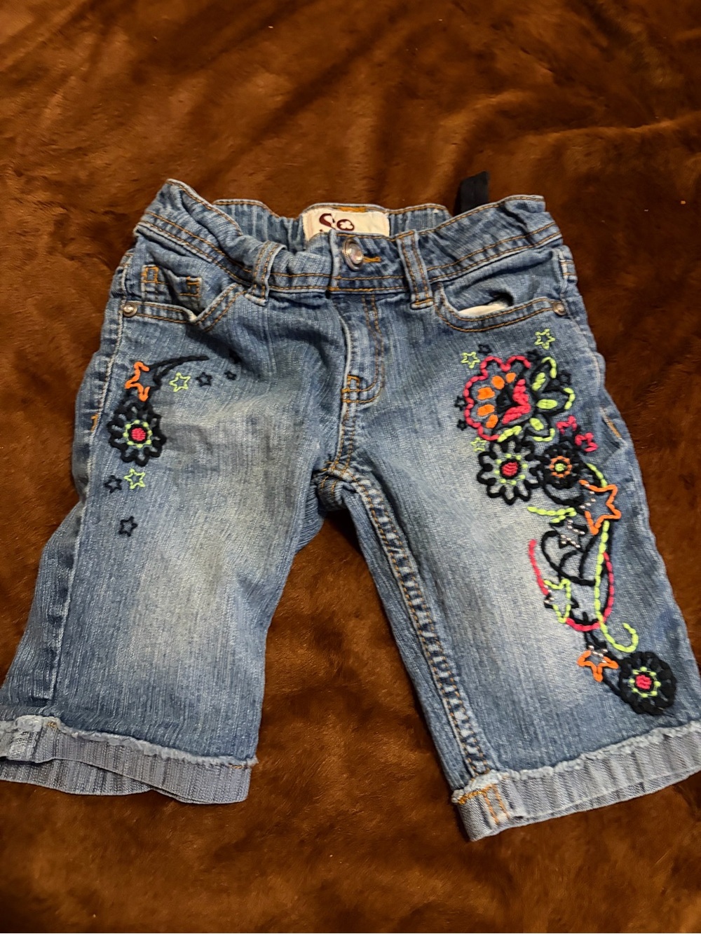 SO Girls Embroidered Denim Capri Jeans - Blue with Neon Accents